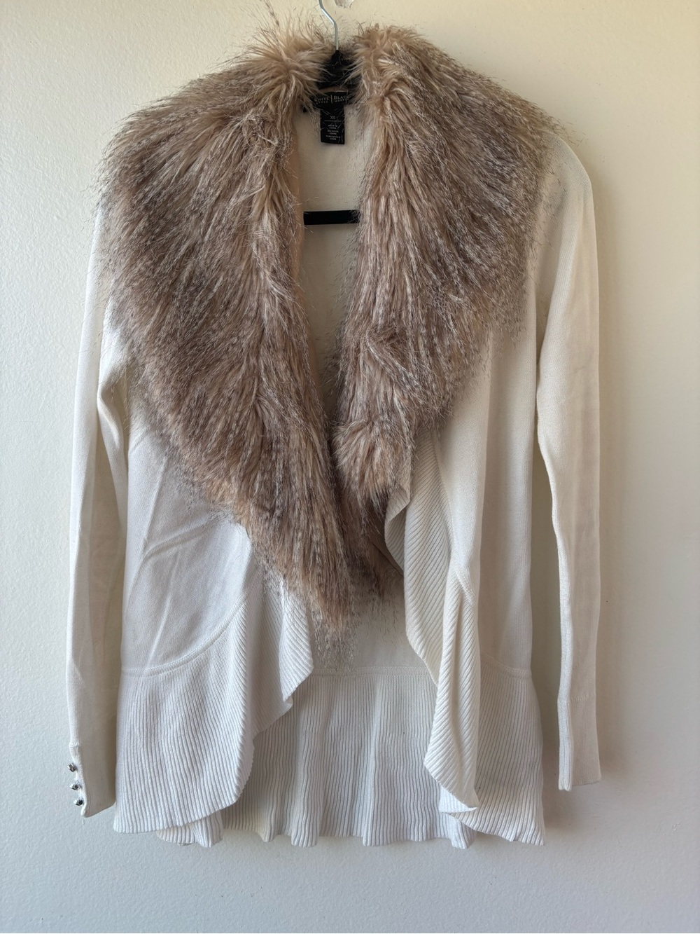White House Black Market Cream Draped Cardigan with Faux-Fur Taupe Collar - Picture 1 of 5